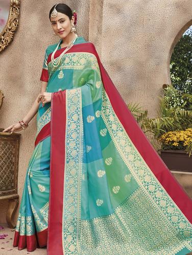 colour block zari banarasi saree with blouse - 15517252 - Very Small Image - 1