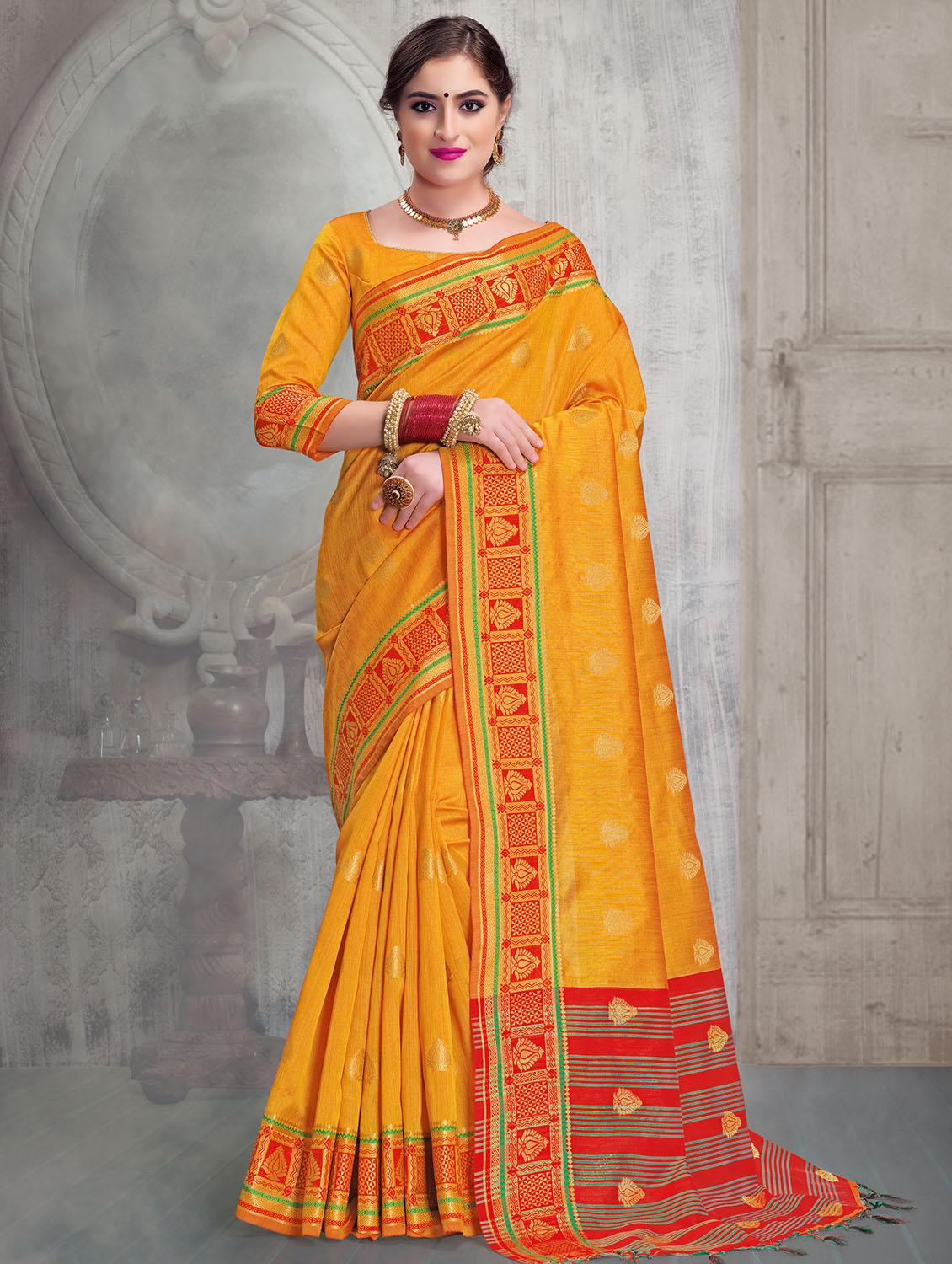 contrast striped pallu banarasi saree with blouse - 15517263 - Zoom Image - 1