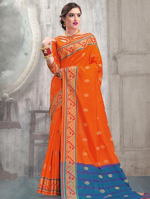 contrast striped pallu banarasi saree with blouse - 15517266 - Very Small Image - 1