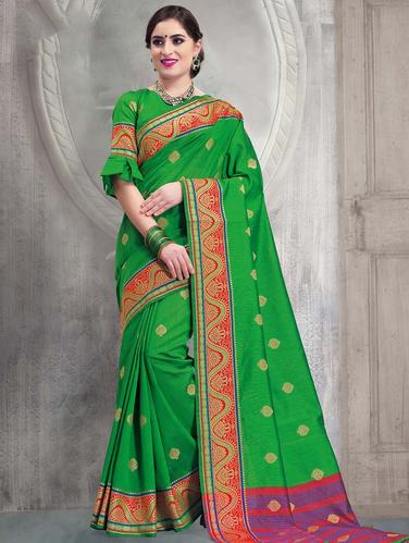 contrast striped pallu banarasi saree with blouse - 15517268 - Very Small Image - 1
