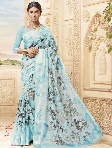 floral printed sky blue saree with blouse - 15517272 - Very Small Image - 1