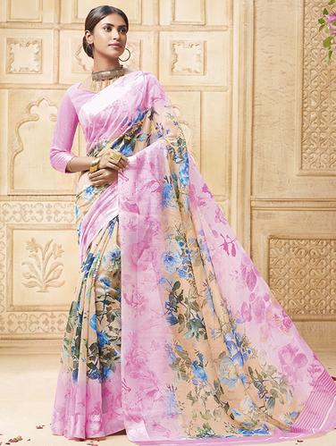contrast border floral printed saree with blouse - 15517273 - Very Small Image - 1