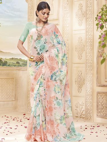 floral printed peach saree with blouse - 15517274 - Very Small Image - 1