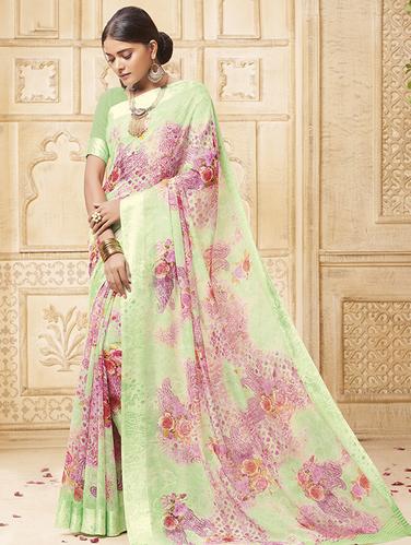 floral printed green saree with blouse - 15517275 - Very Small Image - 1
