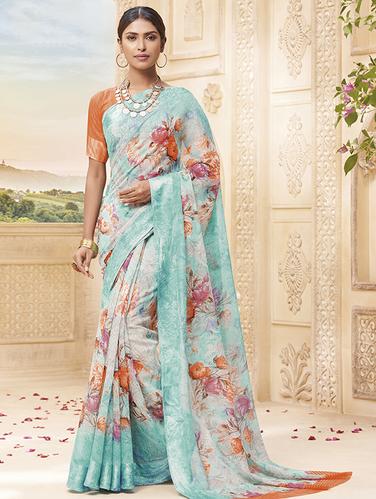 floral printed sky blue saree with blouse - 15517277 - Very Small Image - 1