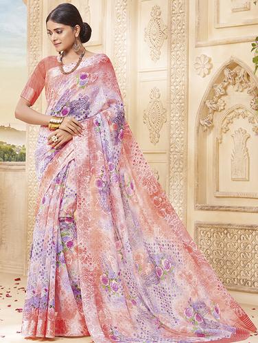 floral printed peach saree with blouse - 15517278 - Very Small Image - 1