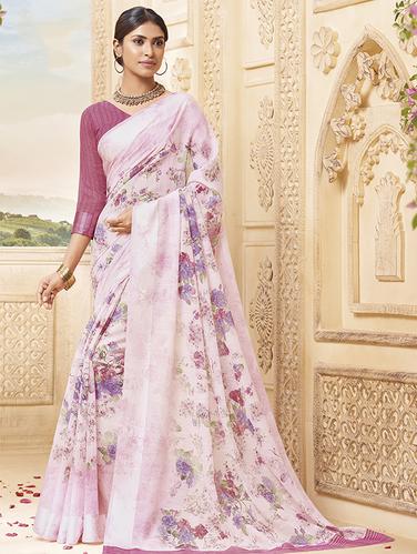 floral printed pink saree with blouse - 15517279 - Very Small Image - 1