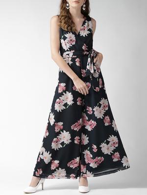 tie-knot detail floral flared jumpsuit - 15517668 - Standard Image - 1