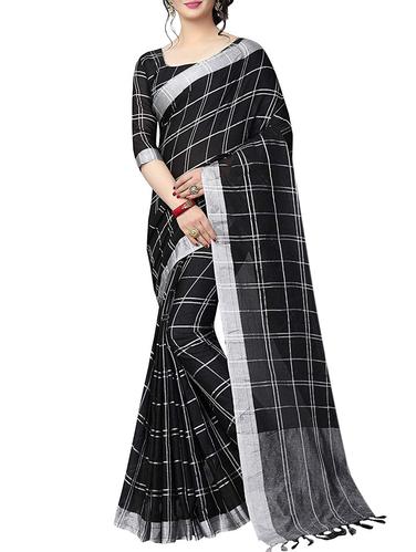 Linen checkered woven saree with blouse - 15517973 - Very Small Image - 1