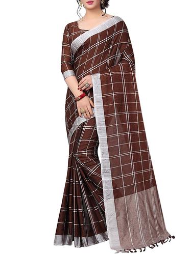 Linen checkered woven saree with blouse - 15517975 - Very Small Image - 1