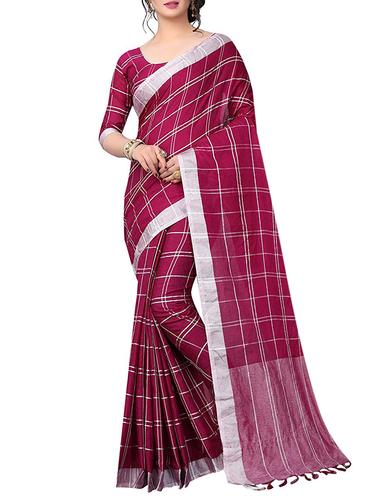 Linen checkered woven saree with blouse - 15517981 - Very Small Image - 1