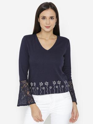 lace detailed sleeved printed top - 15518037 - Standard Image - 1