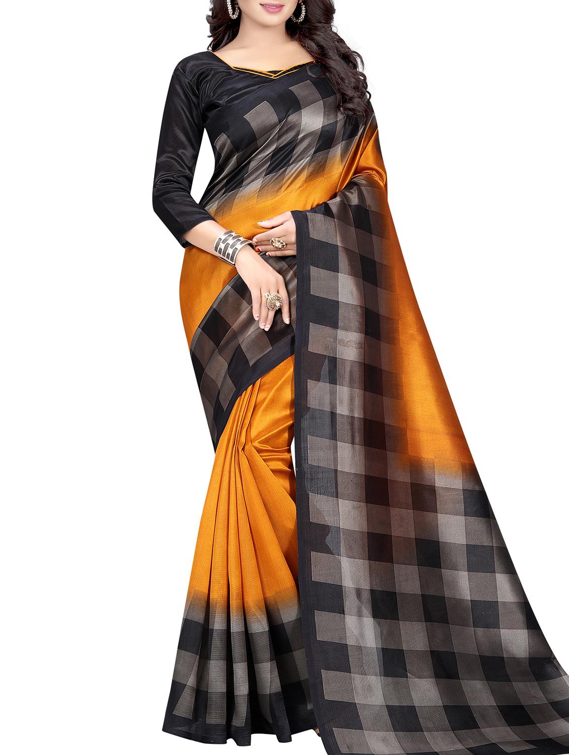Chequered border mysore silk saree with blouse - 15518156 - Zoom Image - 1