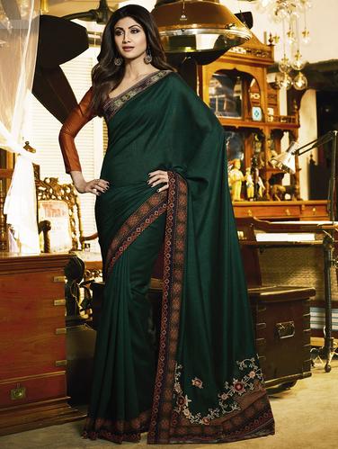 Bottle green bordered saree with blouse - 15518401 - Very Small Image - 1