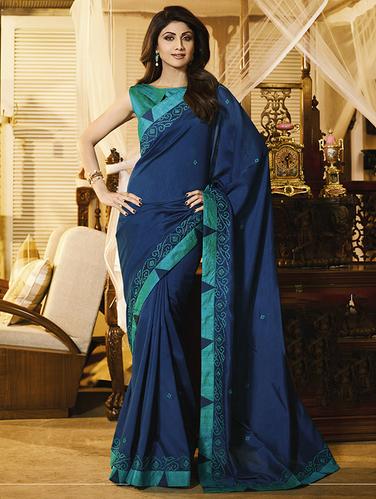 Midnight blue embroidered saree with blouse - 15518403 - Very Small Image - 1