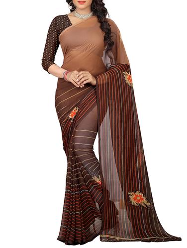 striped printed brown saree with blouse - 15518900 - Very Small Image - 1