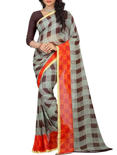 contrast border checkered printed saree with blouse - 15518901 - Very Small Image - 1