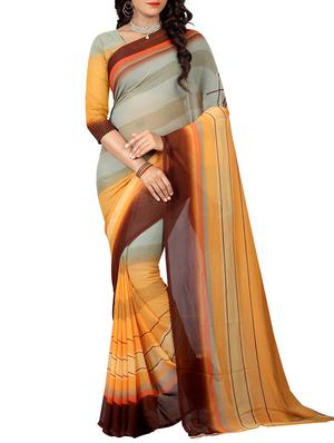 contrast striped printed saree with blouse - 15518902 - Standard Image - 1