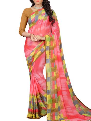 checkered printed border saree with blouse - 15518903 - Very Small Image - 1