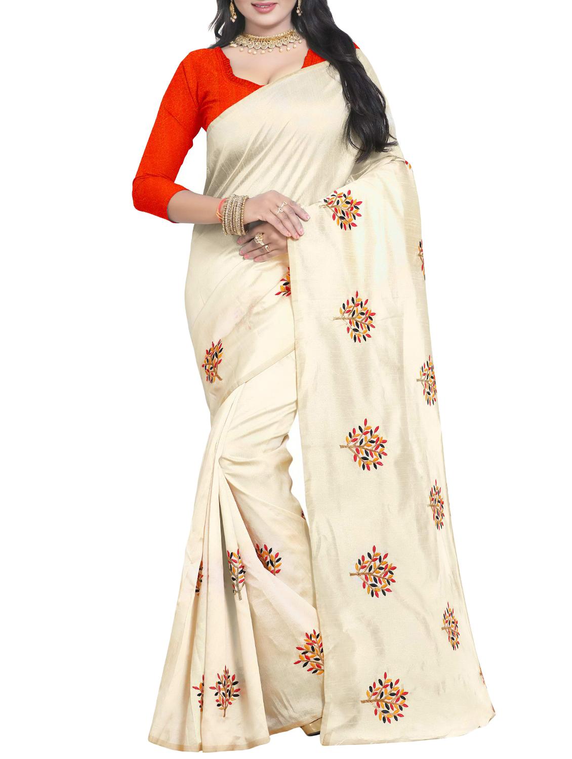 Embroidered Ivory Saree with blouse - 15519492 - Zoom Image - 1