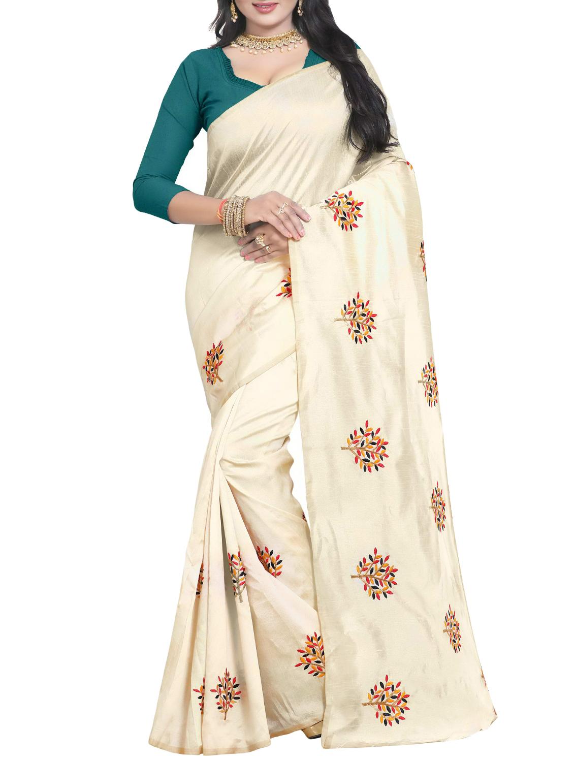 Embroidered Ivory Saree with blouse - 15519495 - Zoom Image - 1
