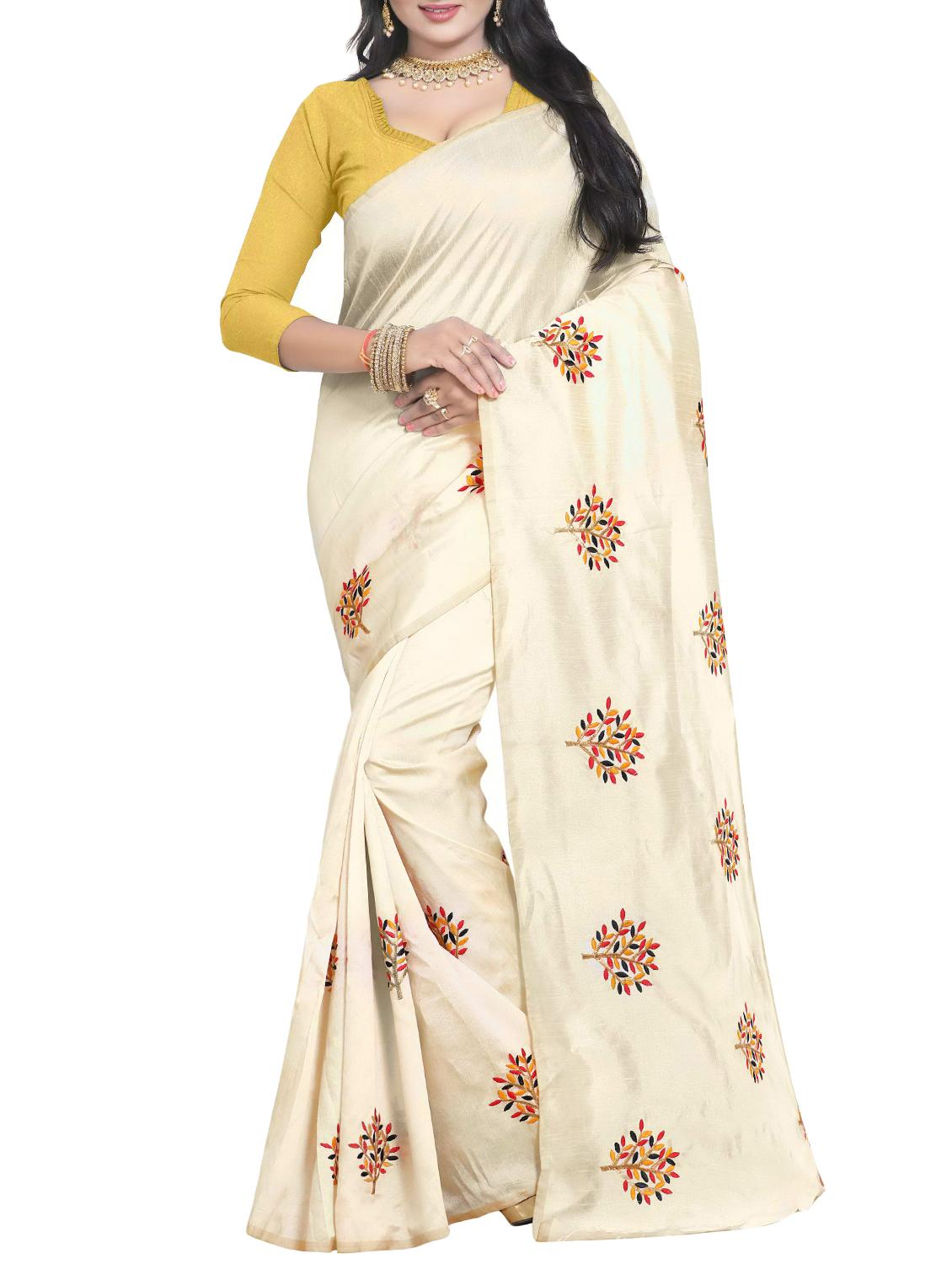 Embroidered Ivory Saree with blouse - 15519496 - Zoom Image - 1