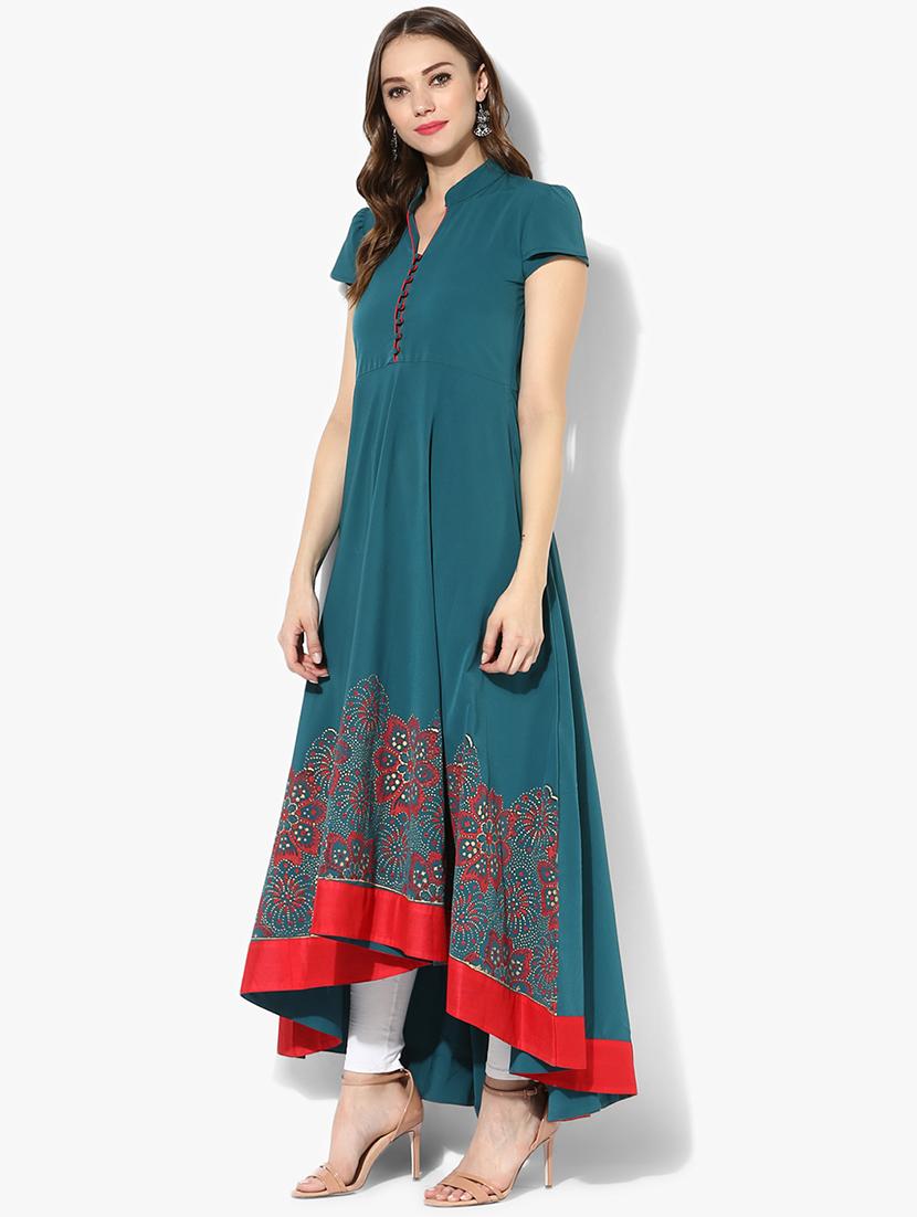 teal high low block print kurta - 15523777 - Zoom Image - 2