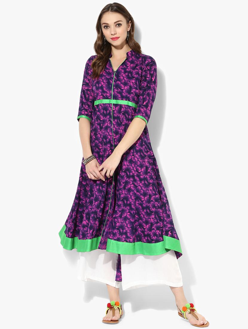 printed contrast piping anarkali kurta - 15523778 - Zoom Image - 1