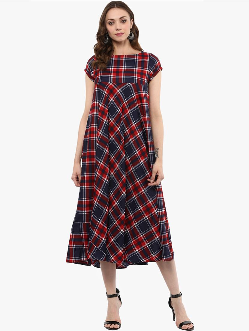flared checkered midi dress - 15523849 - Zoom Image - 1
