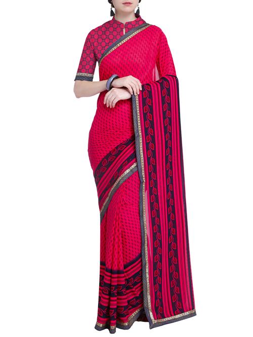 Contrast bordered printed saree with blouse - 15528246 - Standard Image - 1