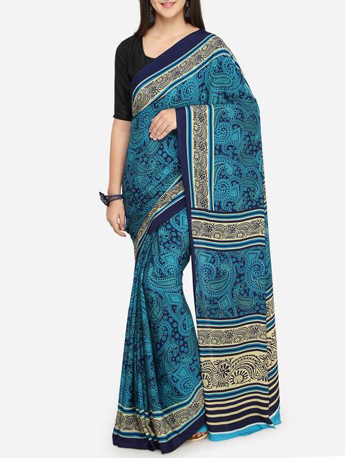 paisley printed navy blue saree with blouse - 15532635 - Very Small Image - 1