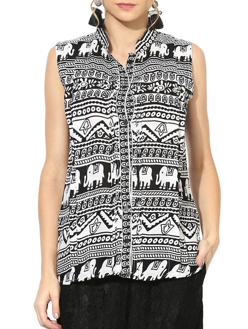 monochrome pleated ethnic print top - 15533413 - Standard Image - 1