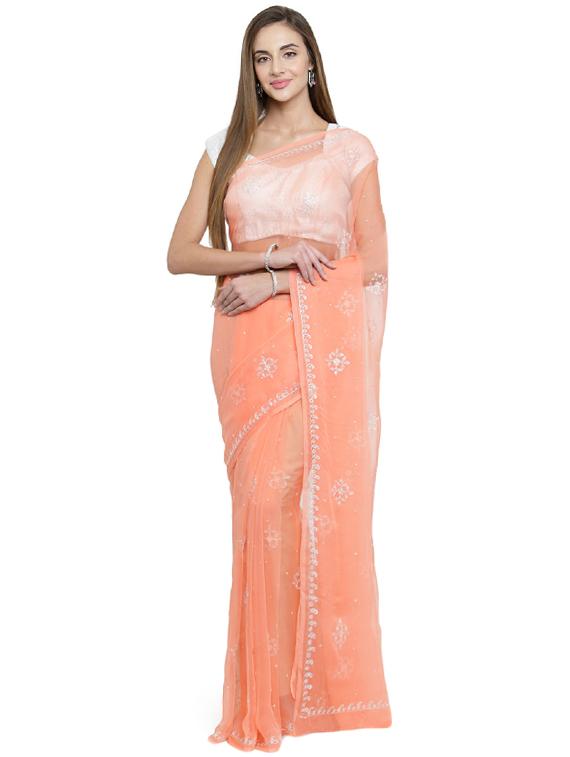 sequined embellished peach saree with blouse - 15537626 - Zoom Image - 1