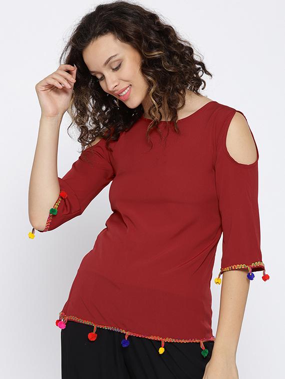 cold shoulder pom pom lace top - 15545221 - Zoom Image - 1