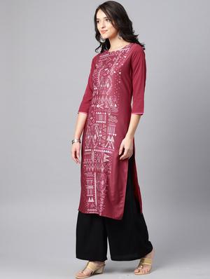 wine printed straight kurta - 15547618 - Standard Image - 2