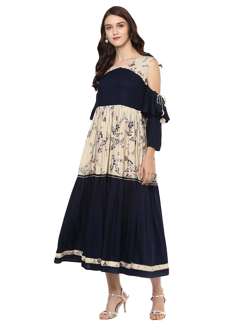 Cold shoulder printed tiered kurta - 15558558 - Zoom Image - 1