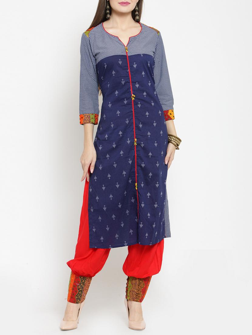 Printed piping kurta with salwar set - 15559883 - Zoom Image - 1