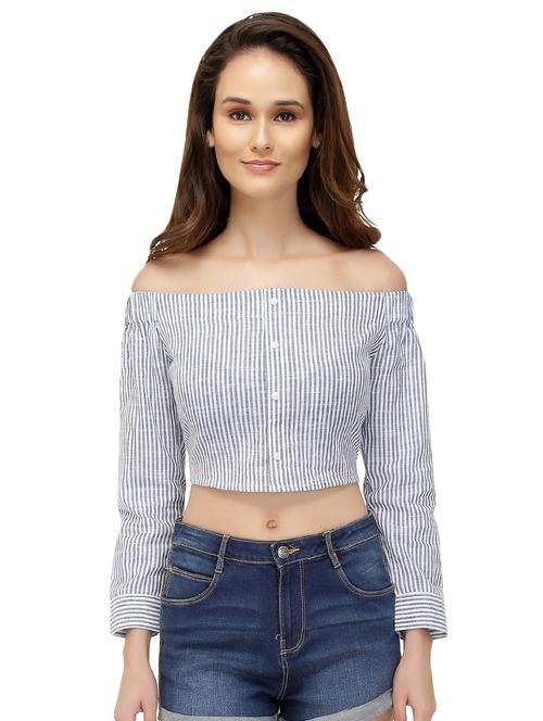 button up off shoulder crop top - 15560060 - Standard Image - 1