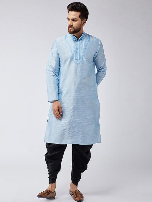 aqua blue & black silk blend dhoti kurta set - 15566010 - Standard Image - 1
