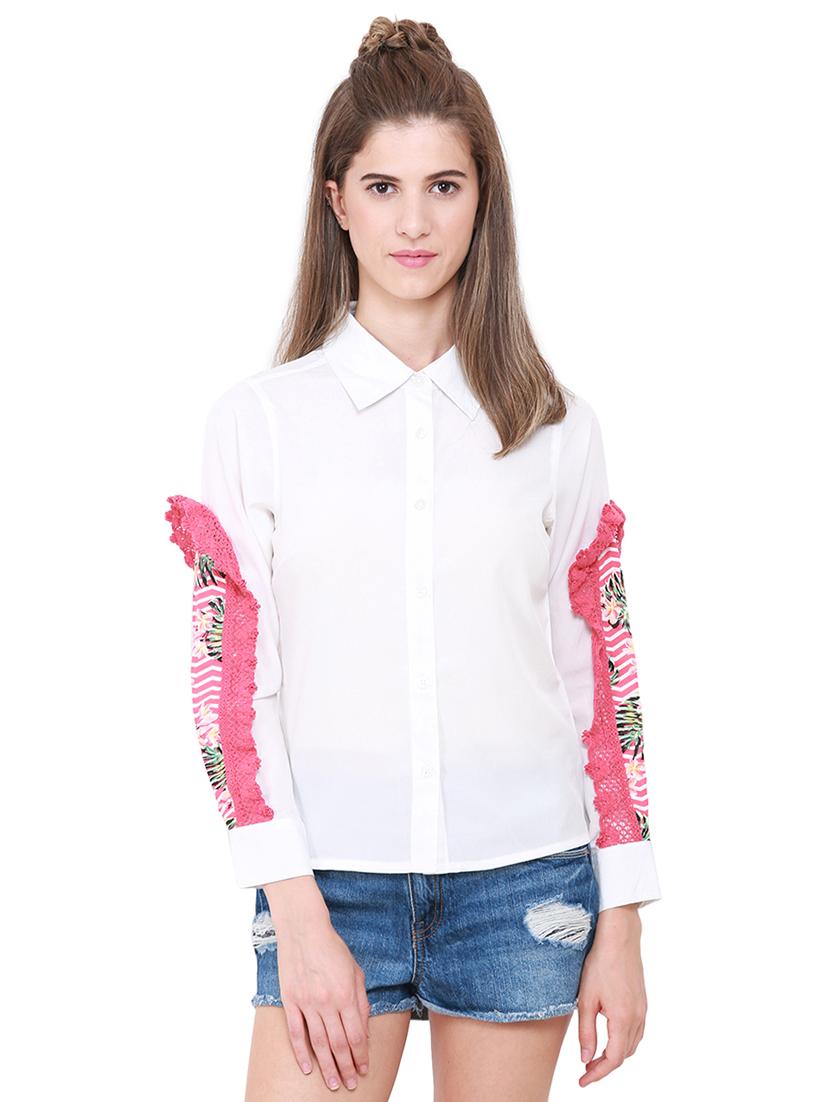 printed lace detailed sleeved shirt - 15570158 - Zoom Image - 1