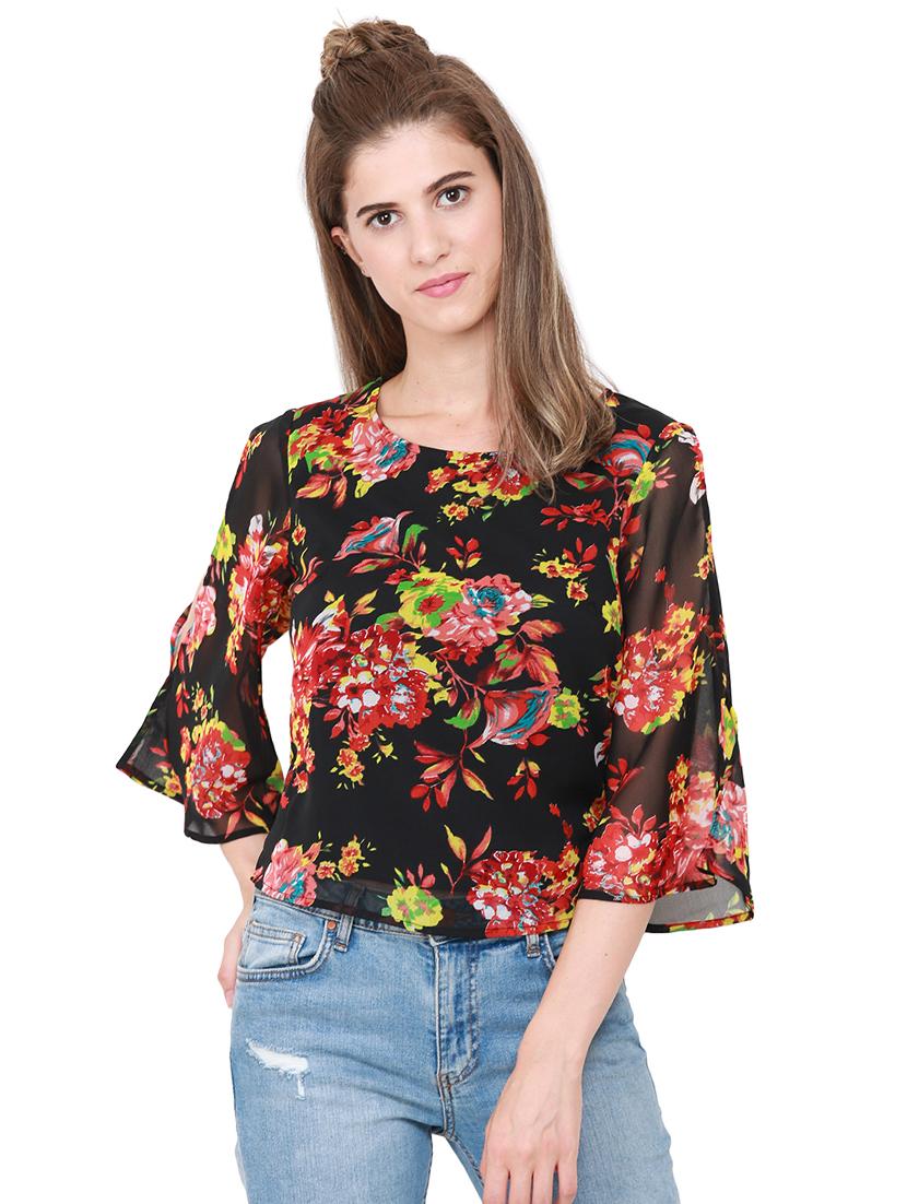 slit back tie up detail floral top - 15570187 - Zoom Image - 1