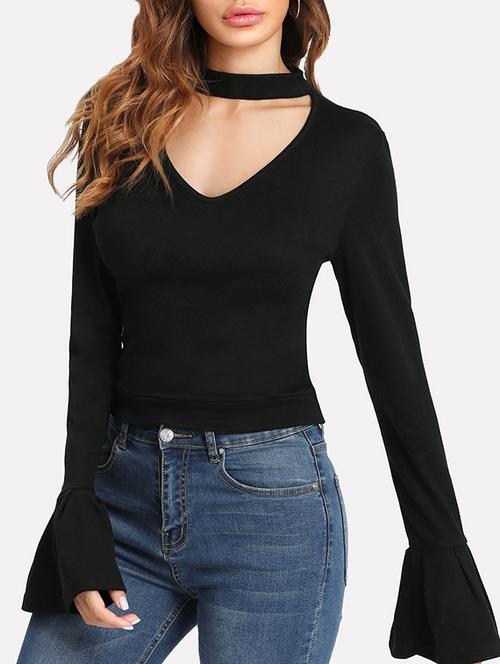 extended bell sleeve choker neck top - 15570238 - Standard Image - 1