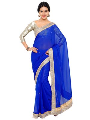 stone embellished royal blue saree with blouse - 15571954 - Standard Image - 1