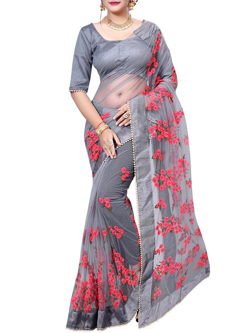 embellished border floral embroidered saree with blouse - 15572169 - Standard Image - 1