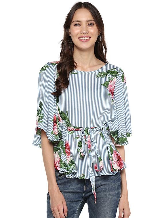 front knot detail striped floral top - 15577494 - Zoom Image - 1