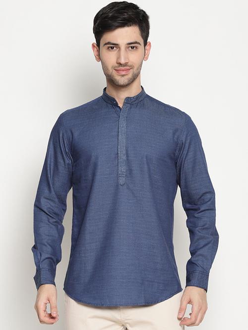 dark blue cotton short kurta - 15579162 - Standard Image - 1