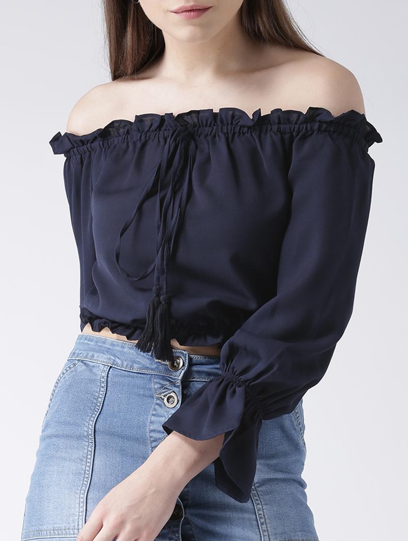 tie front off shoulder crop top - 15580077 - Zoom Image - 1