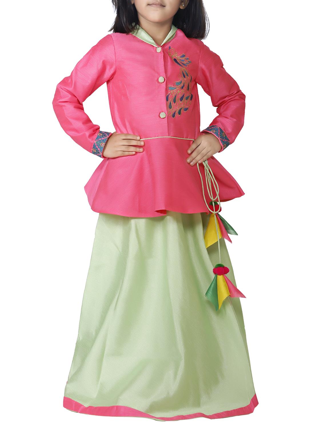 pink satin peplum jacket and lehnga set - 15585109 - Zoom Image - 1