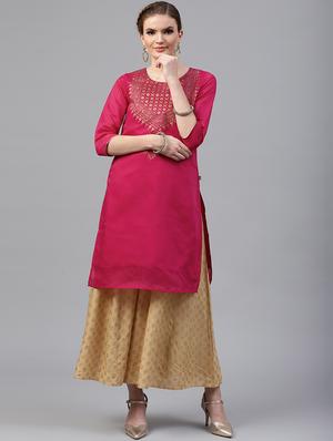 Foil printed chanderi kurta with palazzo set - 15586823 - Standard Image - 1