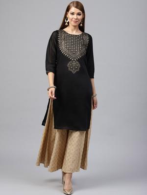 Foil printed chanderi kurta with palazzo set - 15586824 - Standard Image - 1